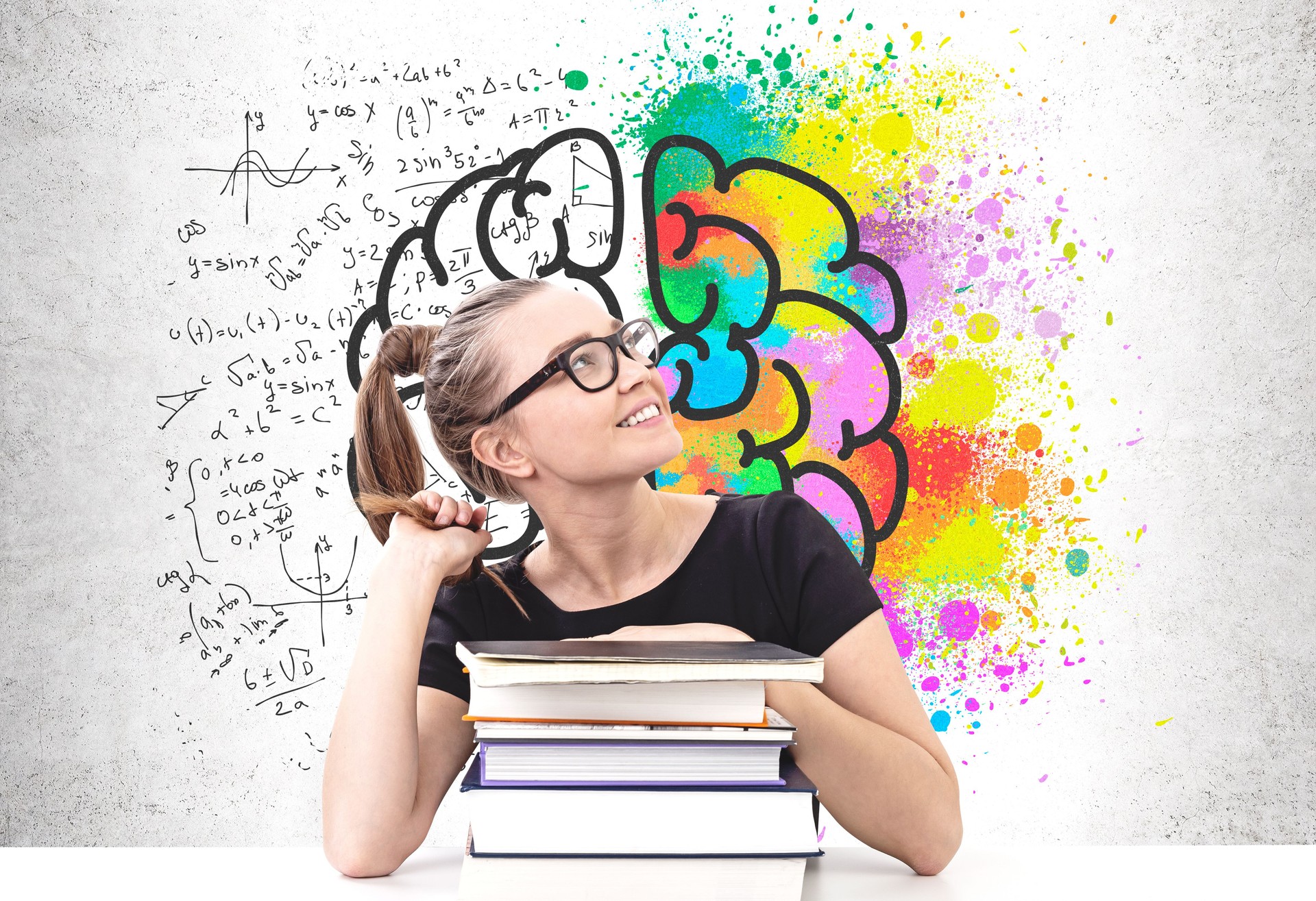 Smiling schoolgirl with books, brainstorm