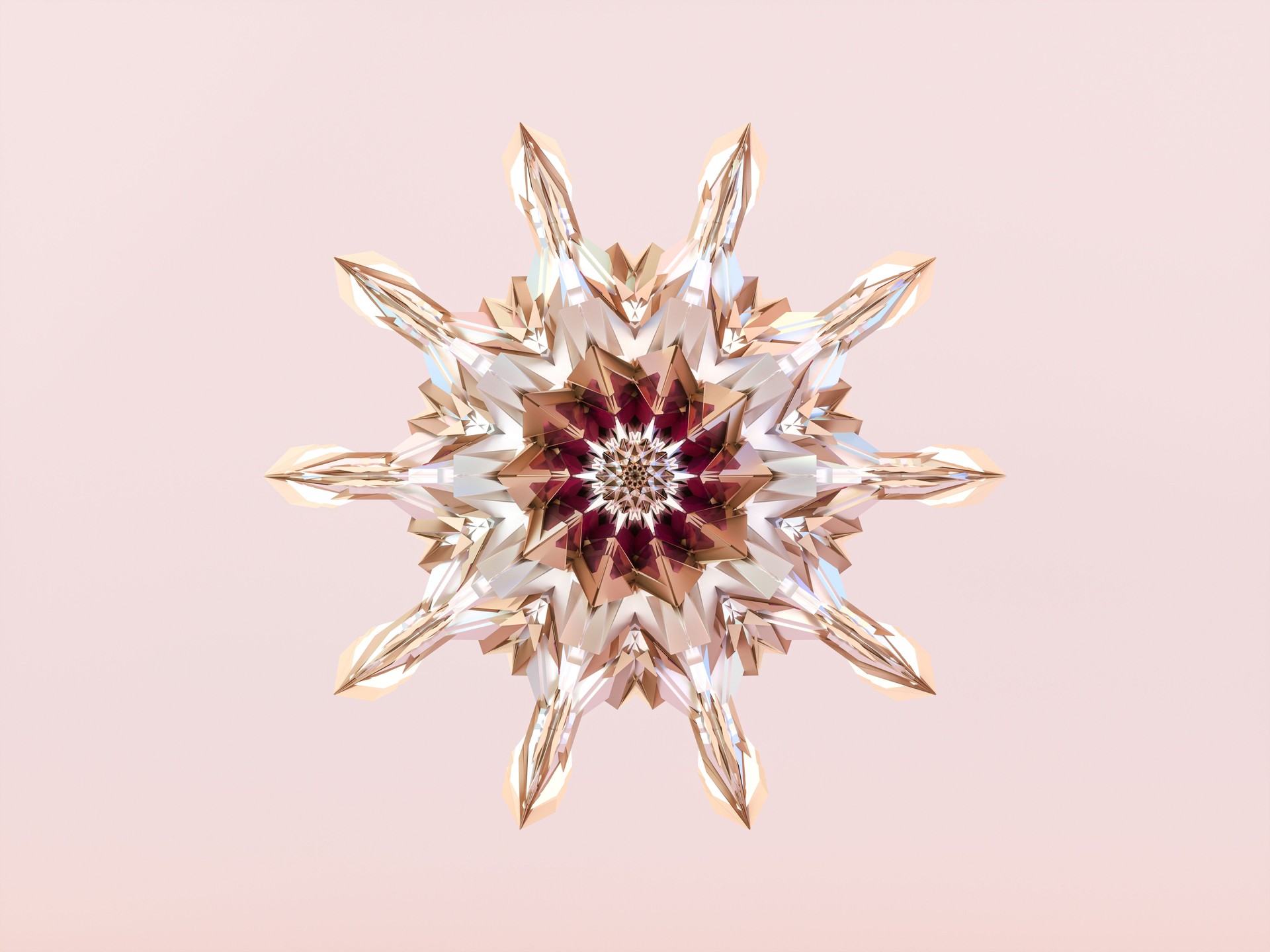 Abstract 3d geometric crystal mandala flower with iridescent texture. faceted gem, winter snowflake.